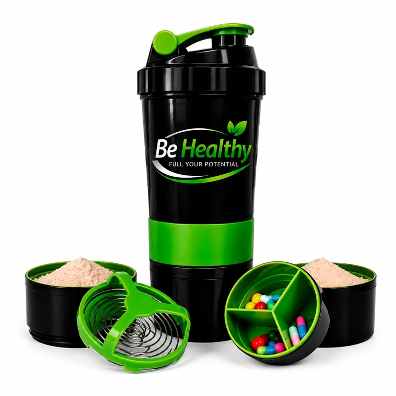 VASO SHAKER DE PROTEINA 3 EN 1  DE 550 ML CON COMPARTIMIENTOS BE HEALTHY - 1