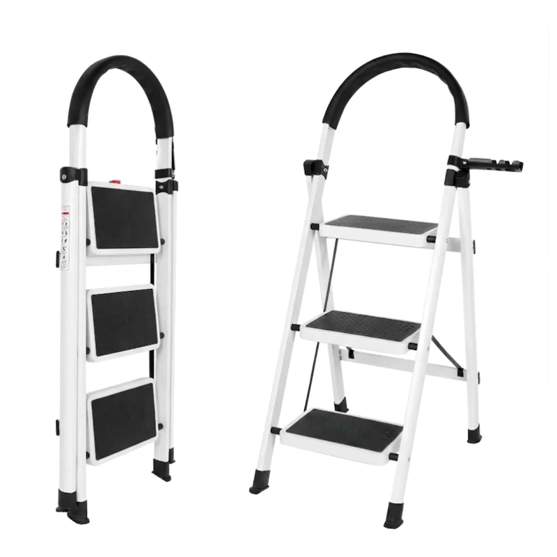 ESCALERA 3 PELDAÑOS PLEGABLE METALICA ANTIDESLIZANTE - BLANCO - 2