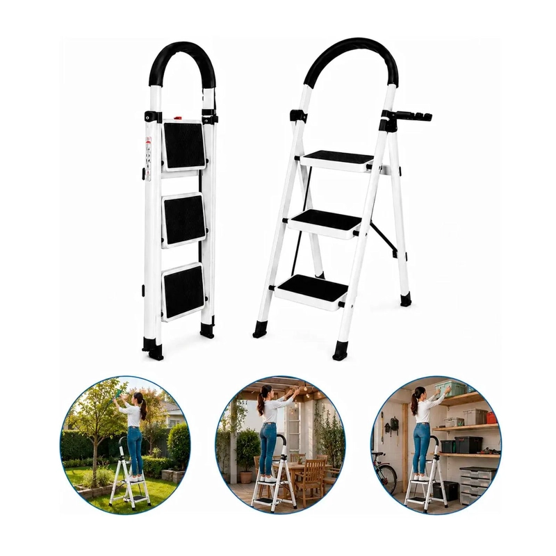 ESCALERA 3 PELDAÑOS PLEGABLE METALICA ANTIDESLIZANTE - BLANCO - 4
