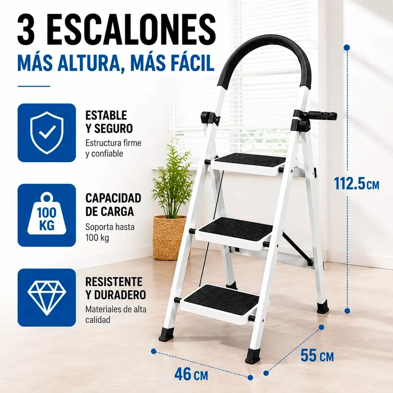 ESCALERA 3 PELDAÑOS PLEGABLE METALICA ANTIDESLIZANTE - BLANCO - 5
