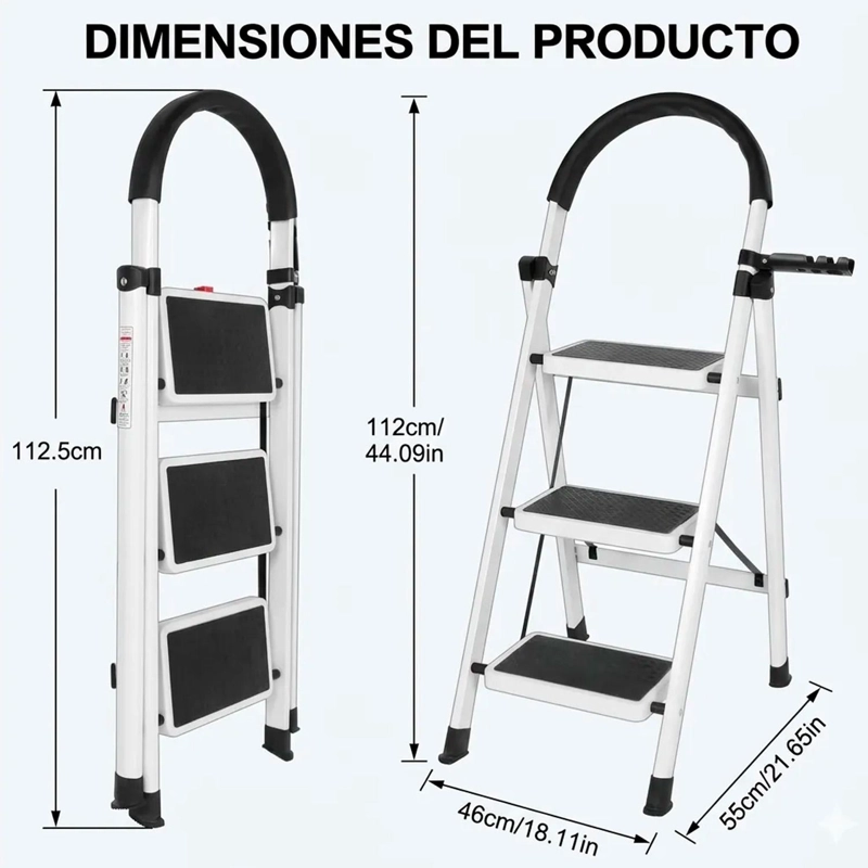 ESCALERA 3 PELDAÑOS PLEGABLE METALICA ANTIDESLIZANTE - BLANCO - 7