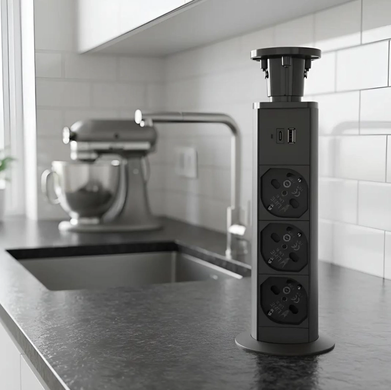 TORRE ENCHUFE GRIS 60MM CHILENO 3 ORIFICIOS (3 ENCHUFES + USB-C) - 2