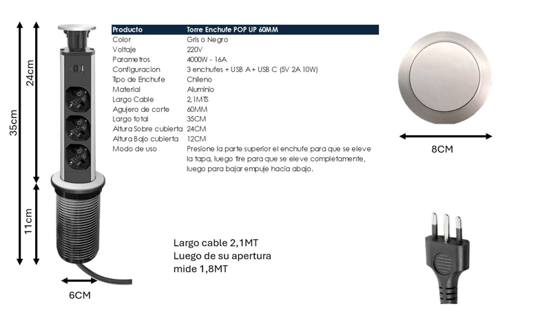 TORRE ENCHUFE GRIS 60MM CHILENO 3 ORIFICIOS (3 ENCHUFES + USB-C) - 8