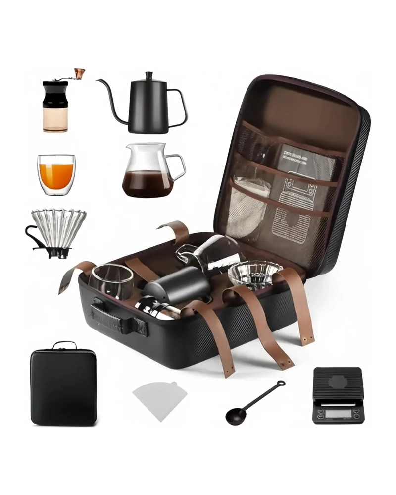 SET PARA CAFE  MANUAL DE 9 PIEZAS, CON CAFETERA Y MOLINILLO PARA VIAJE - 1