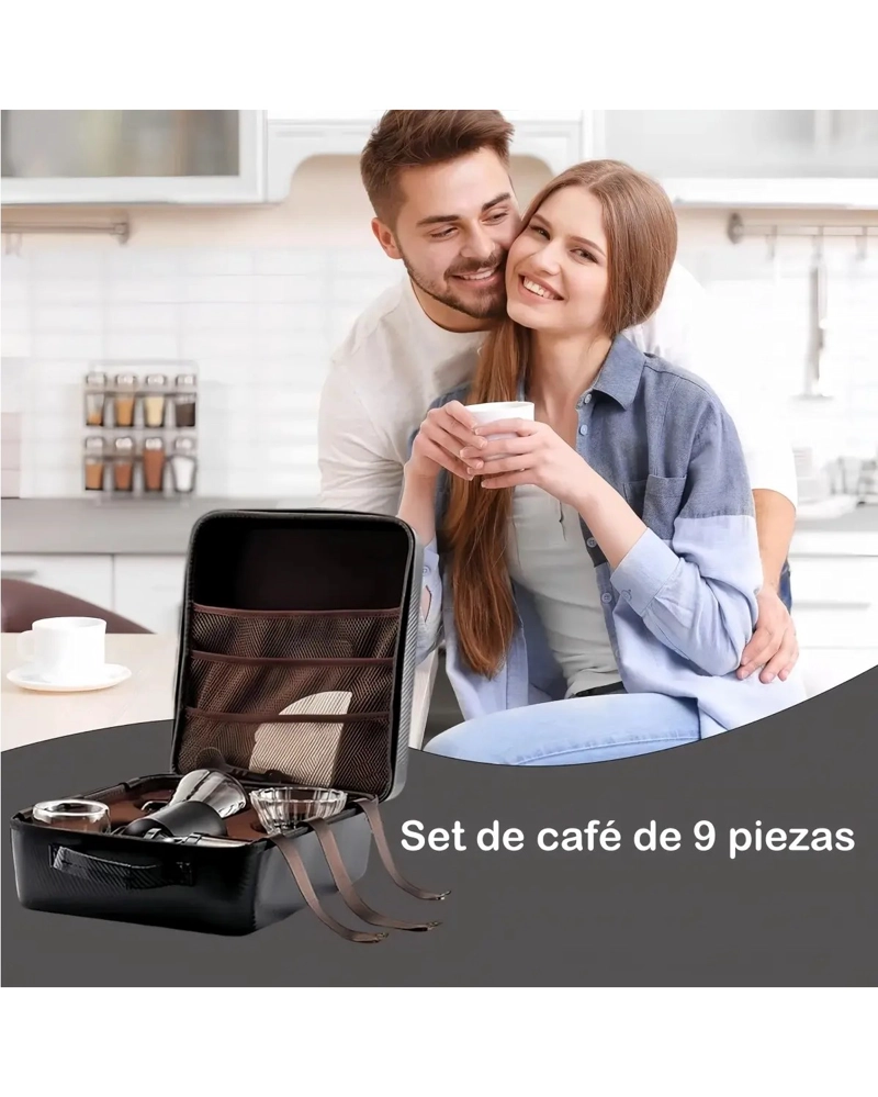 SET PARA CAFE  MANUAL DE 9 PIEZAS, CON CAFETERA Y MOLINILLO PARA VIAJE - 2