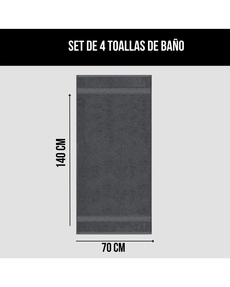 SET 4 TOALLAS DE BAÑO CUERPO TOALLON 100% ALGODON 500 GR/M2 140X70 CM GRANDES - 2