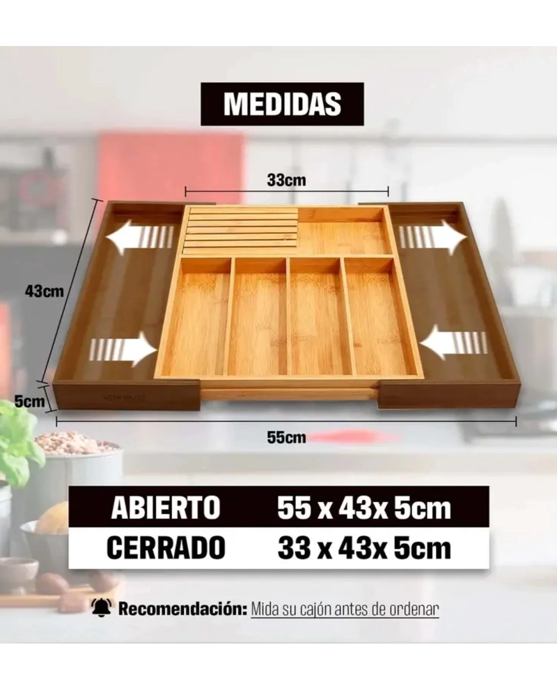 ORGANIZADOR DE CUBIERTOS BAMBU AJUSTABLE 7 COMPARTIMENTOS - 2