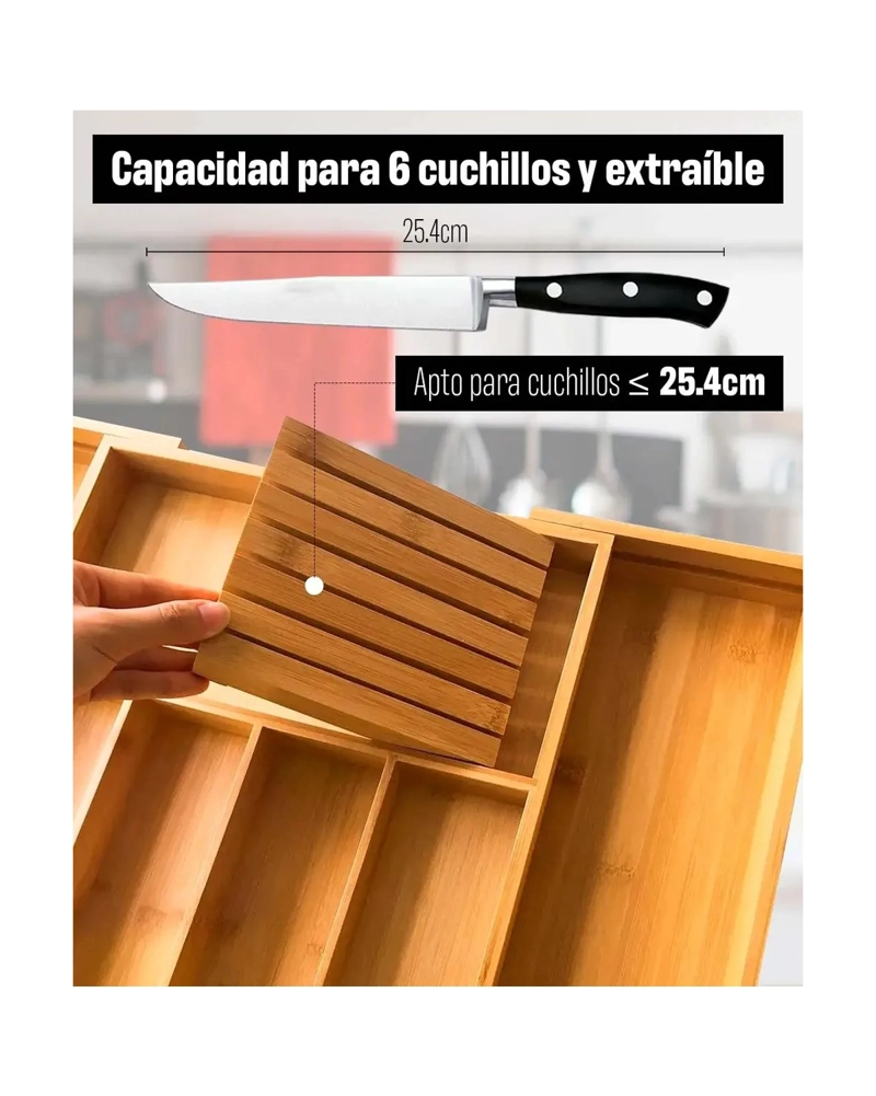 ORGANIZADOR DE CUBIERTOS BAMBU AJUSTABLE 7 COMPARTIMENTOS - 5
