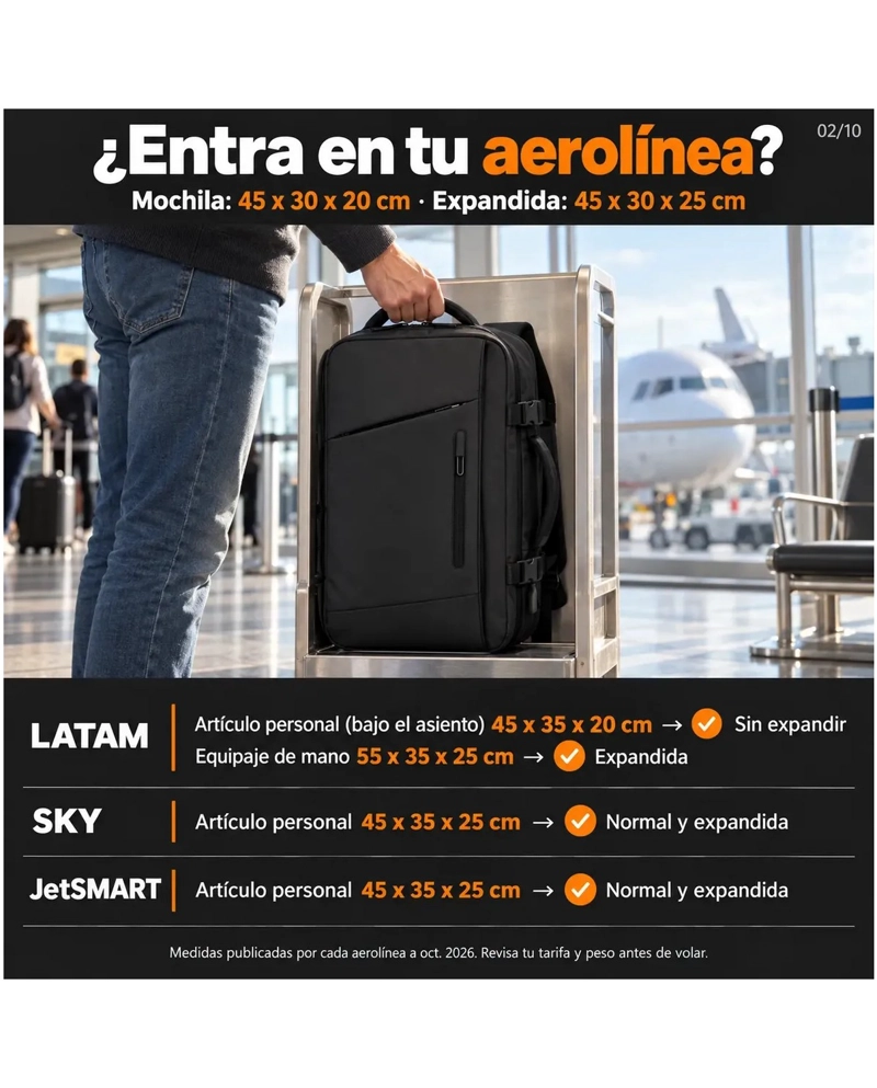 MOCHILA VIAJE AVION CABINA EXPANDIBLE IMPERMEABLE USB 40L - 2