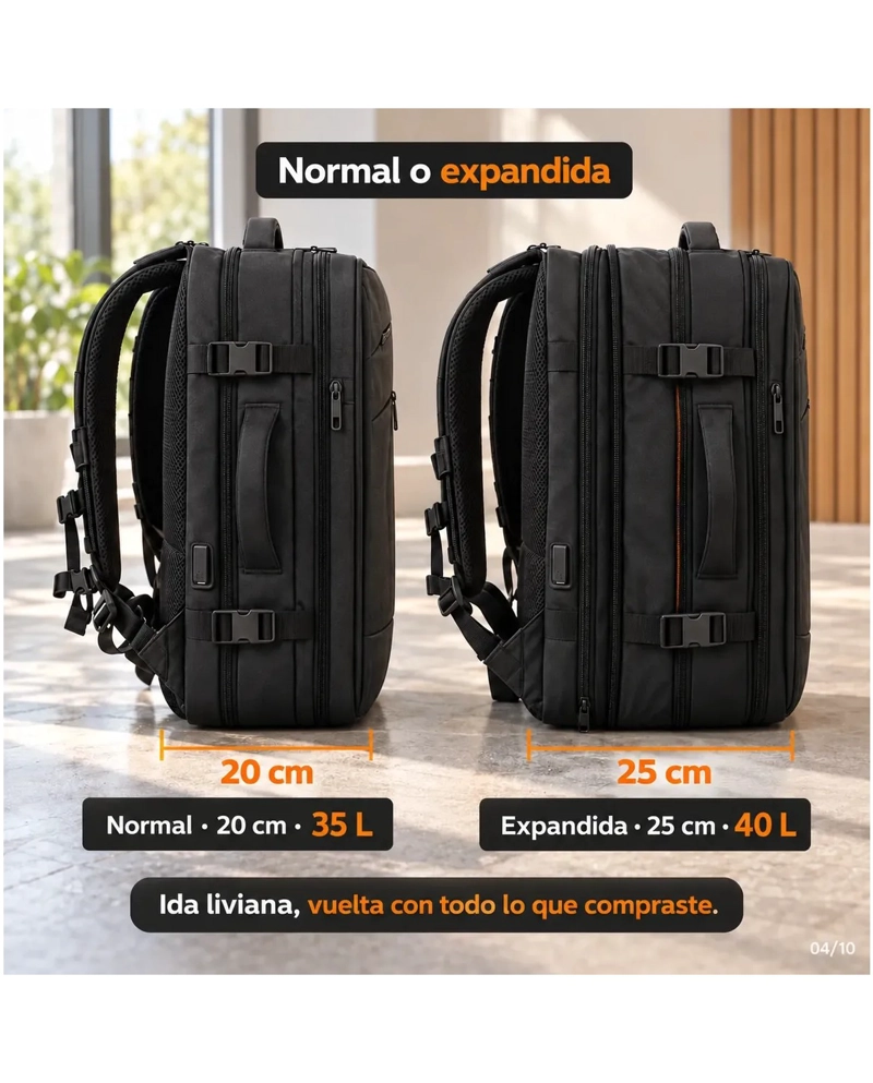 MOCHILA VIAJE AVION CABINA EXPANDIBLE IMPERMEABLE USB 40L - 3
