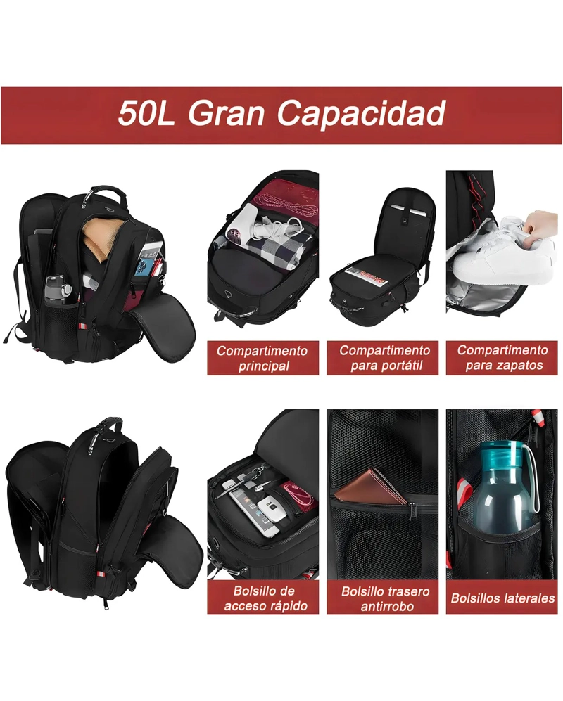 MOCHILA DE VIAJE 82L IMPERMEABLE PARA HOMBRE CON PUERTO USB - 4