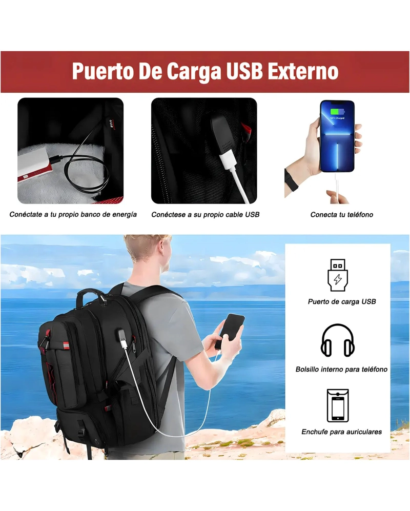 MOCHILA DE VIAJE 82L IMPERMEABLE PARA HOMBRE CON PUERTO USB - 5
