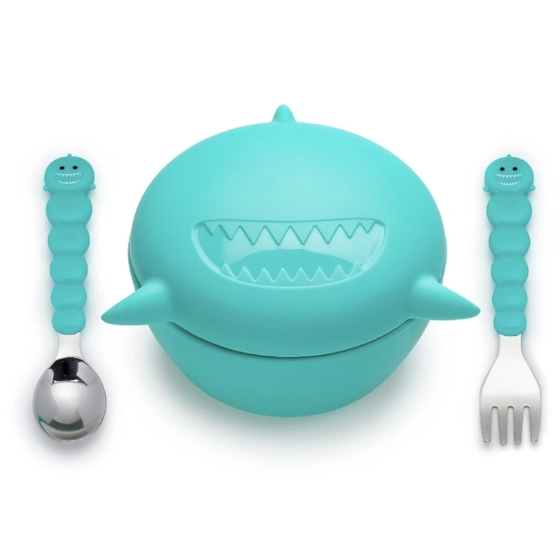 BOWL MELII 12810 SILICONA + CUBIERTOS TIBURON TURQUESA - 1