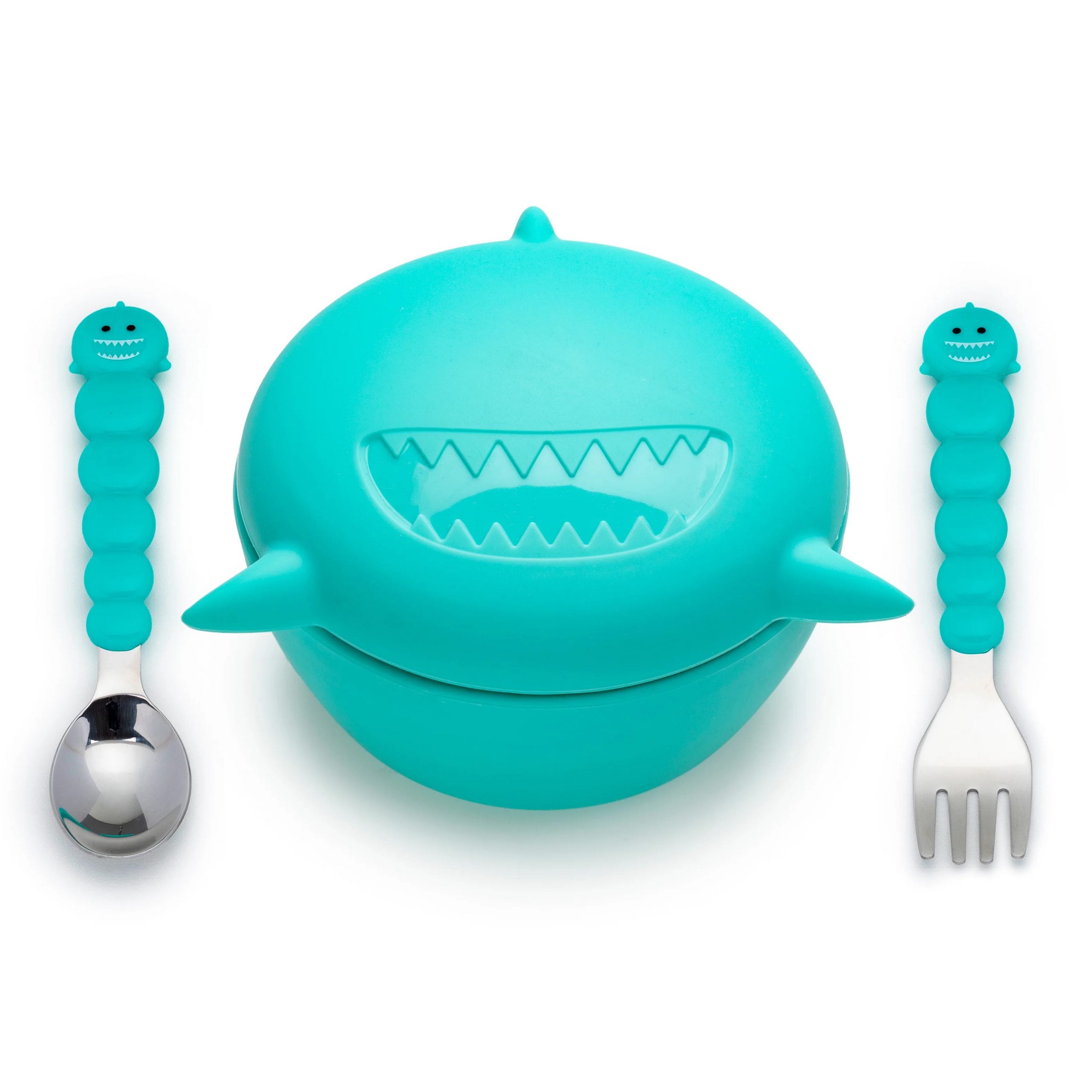 BOWL MELII 12810 SILICONA + CUBIERTOS TIBURON TURQUESA - 1