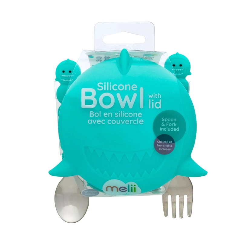 BOWL MELII 12810 SILICONA + CUBIERTOS TIBURON TURQUESA - 2