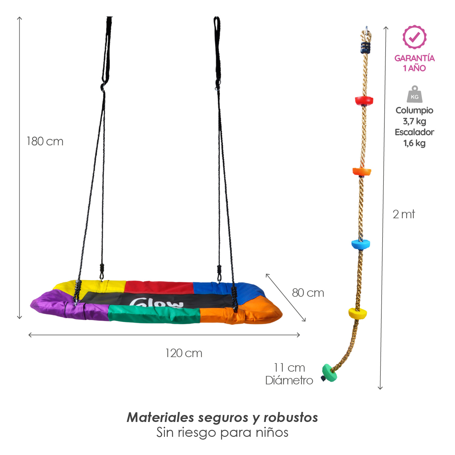 Pack Columpio Hamaca Rectangular + Escalador GlowUp Multicolor - 7