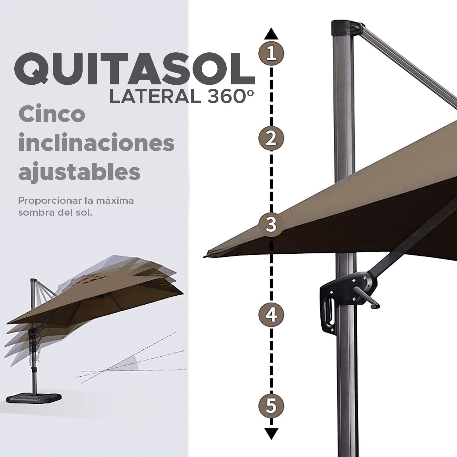 Quitasol Lateral con giro de 360° Color Khaki impermeable Vincenzi - 6