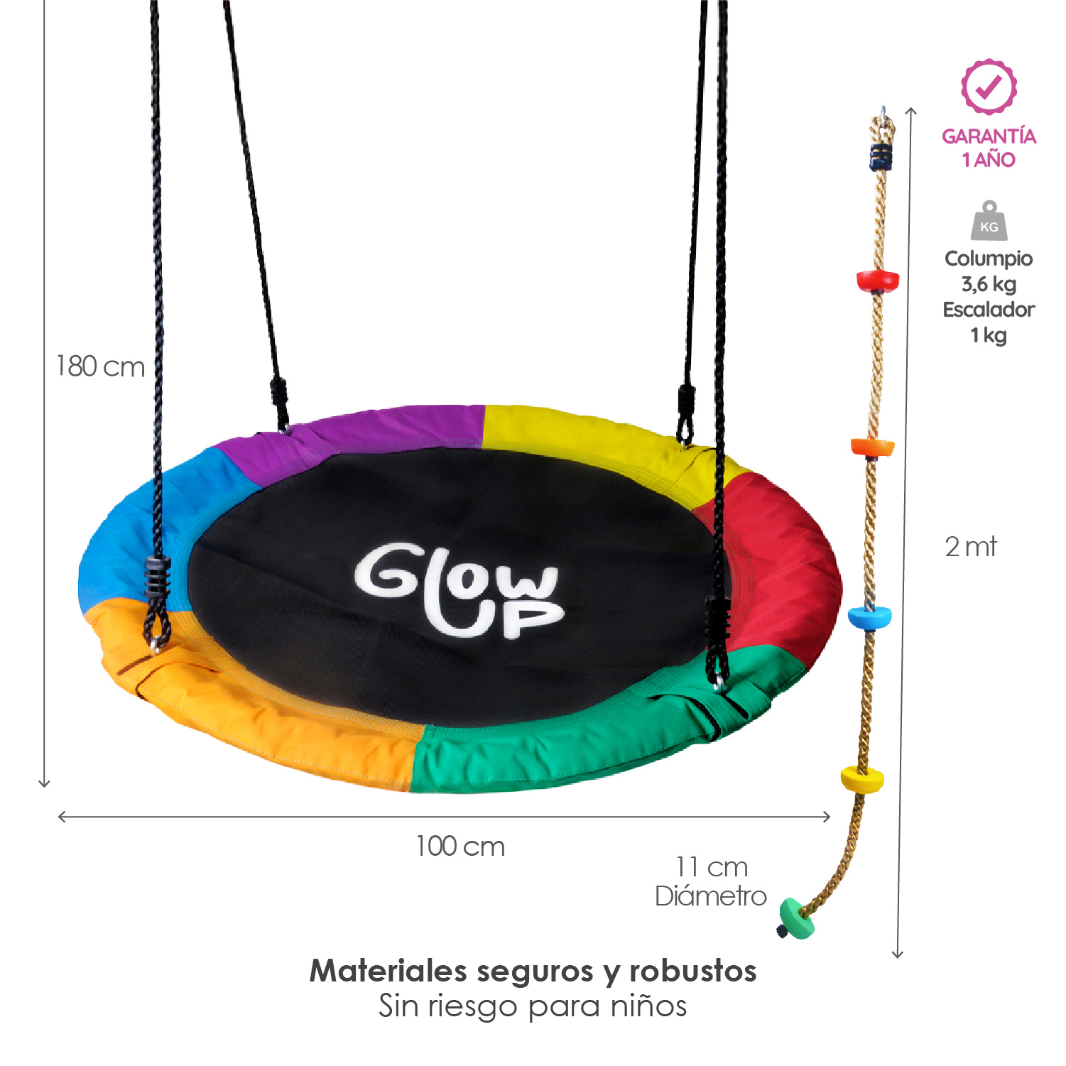 Pack Columpio Hamaca Redonda + Escalador GlowUp Multicolor - 5