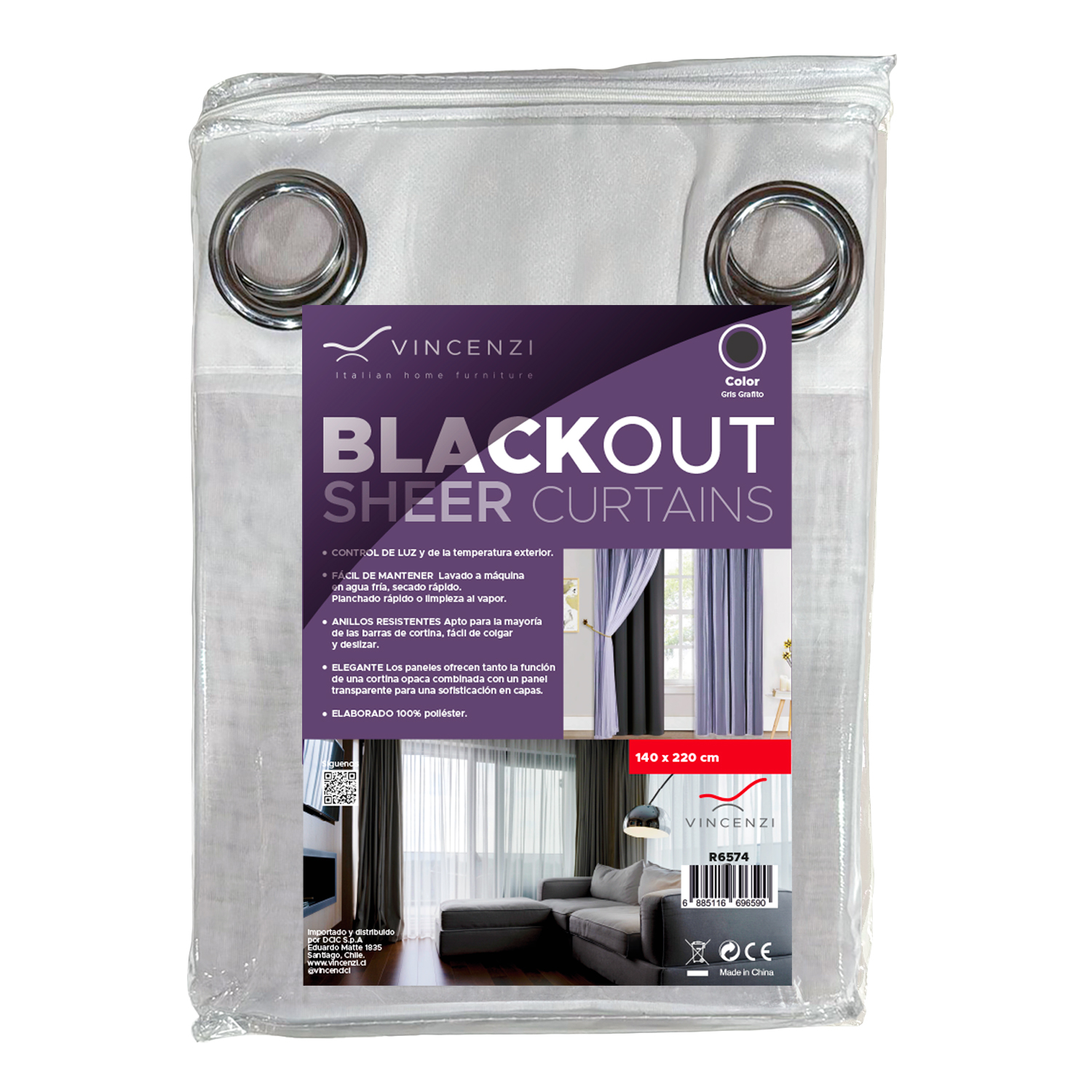 PACK CORTINA DE TELA BLACKOUT + VELO VINCENZI 140X220 GRIS GRAFITO - 6