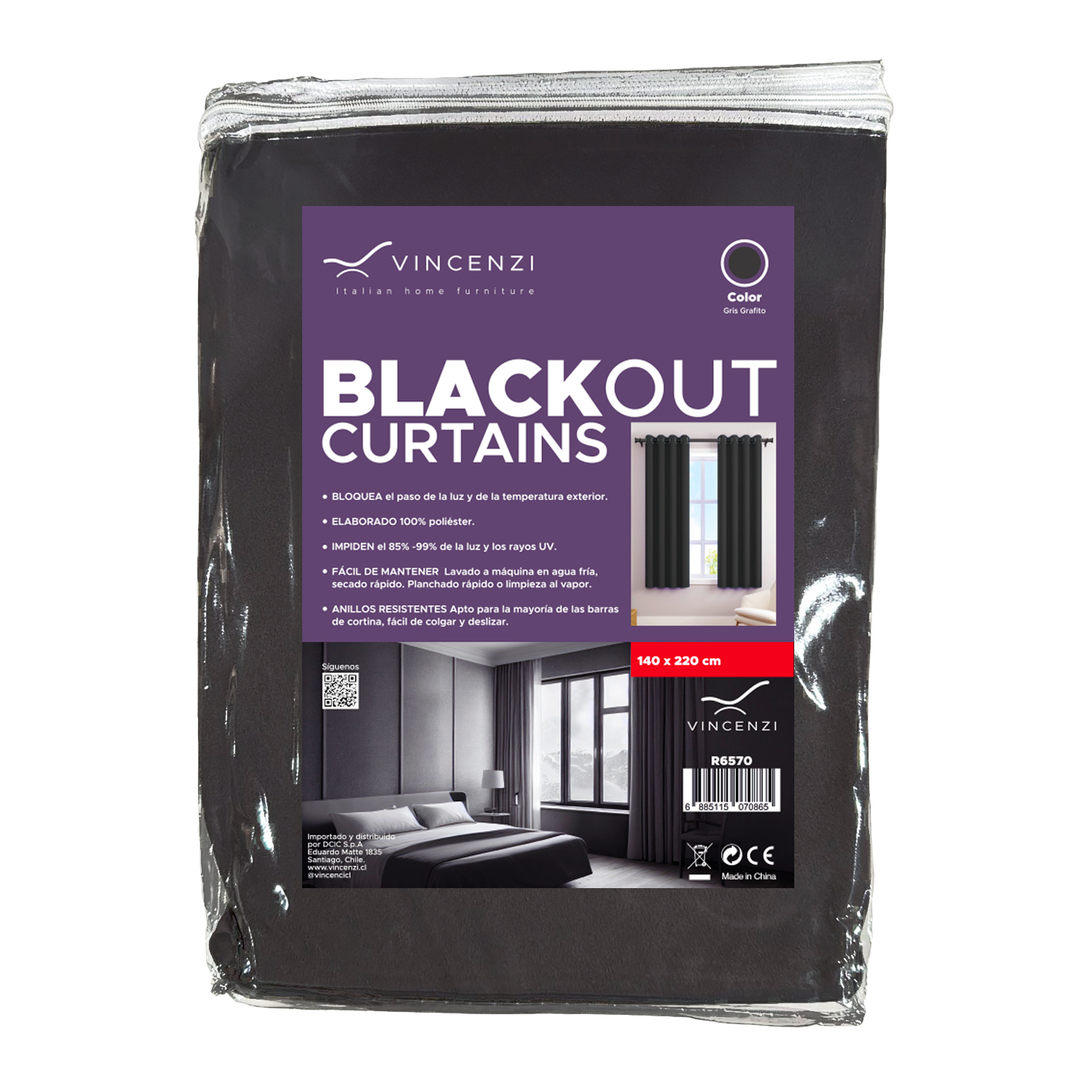 PACK CORTINA DE TELA BLACKOUT VINCENZI 140X220 GRIS GRAFITO - 6