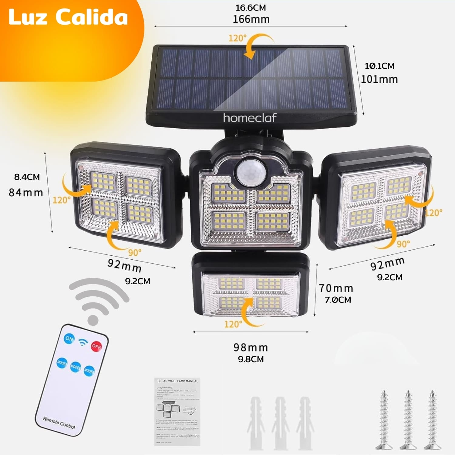 FOCO HOMECLAF LED SOLAR EXTERIOR 4 DIRECCIONES SENSOR CONTROL LUZ CÁLIDA NEGRO - 2