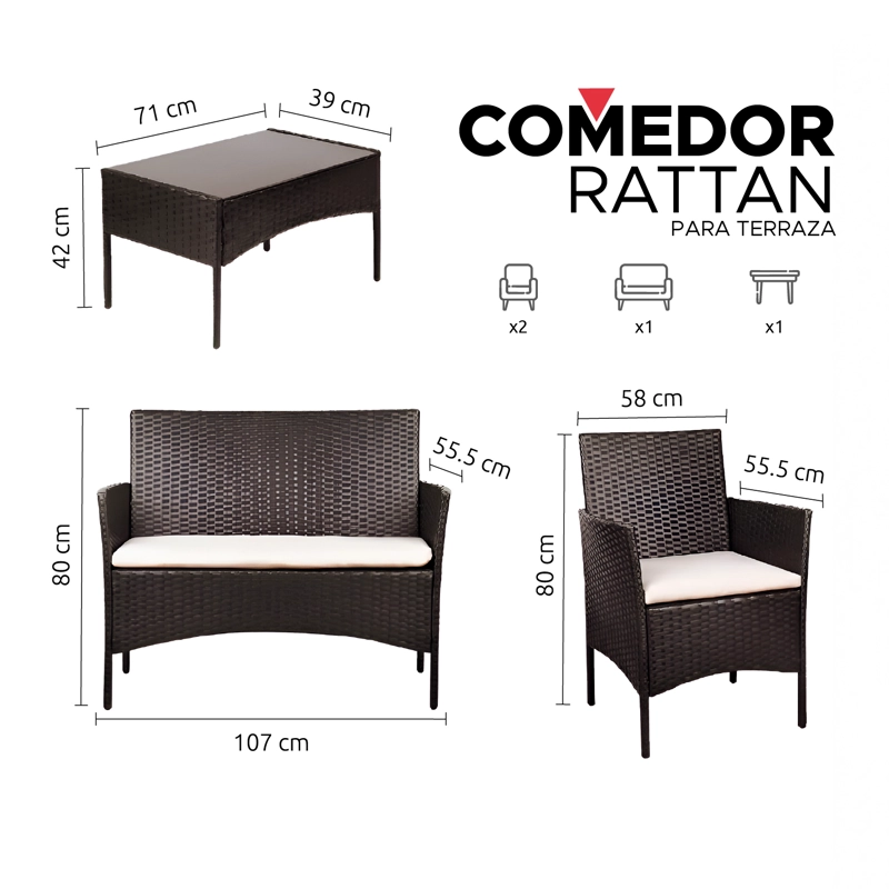 SET JUEGO DE TERRAZA 4PCS MESA SILLAS SILLON RATTAN VINCENZI - 8