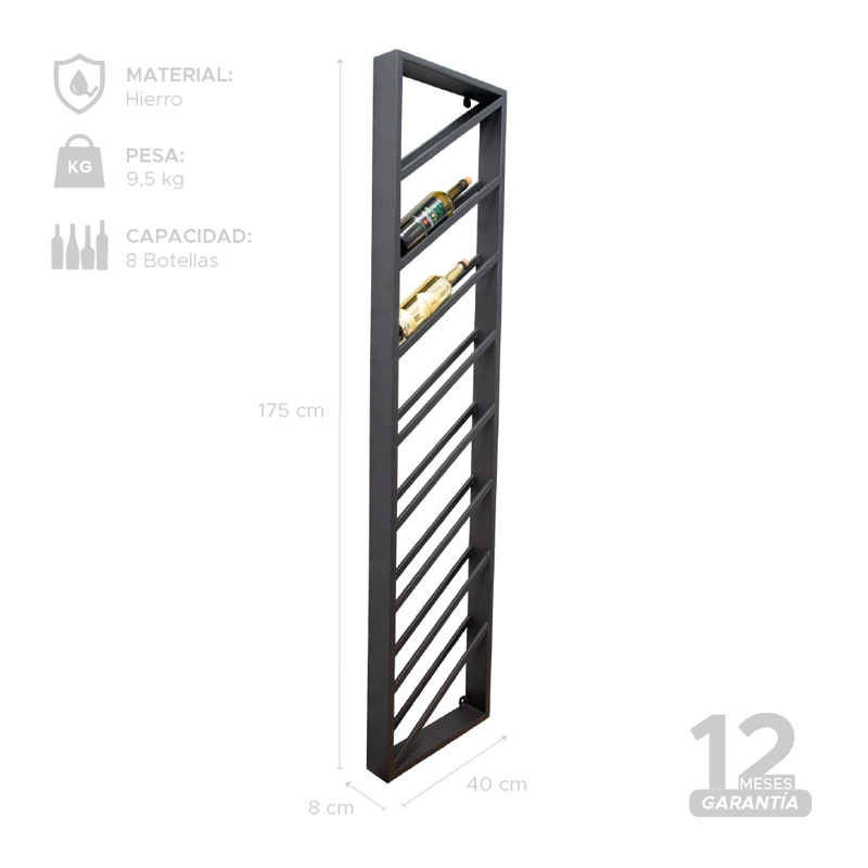 SOPORTE GRANDE CAVA PARA 8 BOTELLAS DE VINOS 175X40 CM DE HIERRO NEGRO VINCENZI - 2