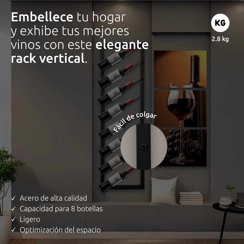 SOPORTE TIPO CAVA PARA 8 BOTELLAS DE VINOS O ESPUMANTES 99X30 CM DE HIERRO VINCENZI - 4