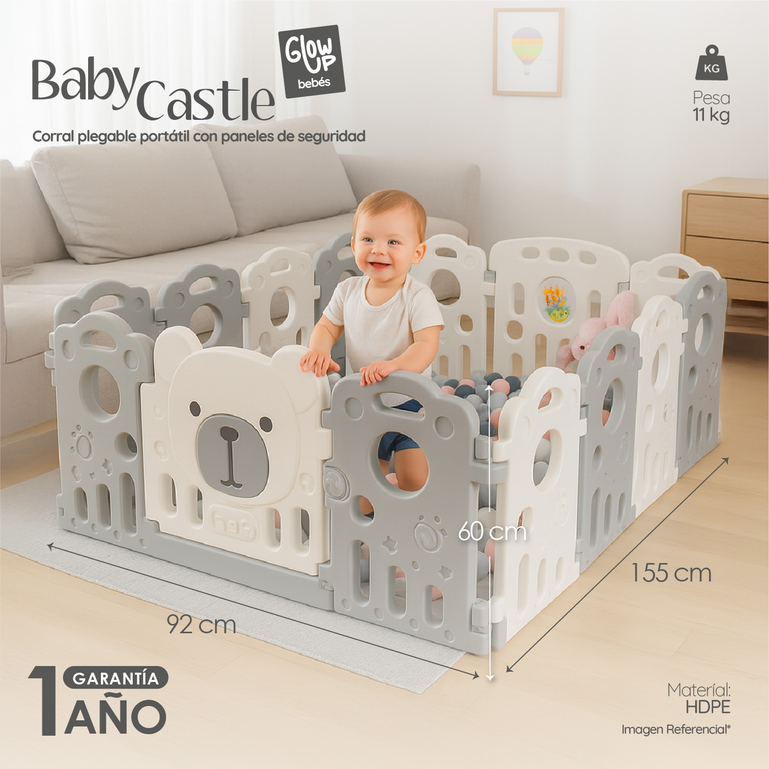 CORRAL PARA BEBÉ PLEGABLE DISEÑO DE OSITO PORTÁTIL CON PANELES DE SEGURIDAD - 3