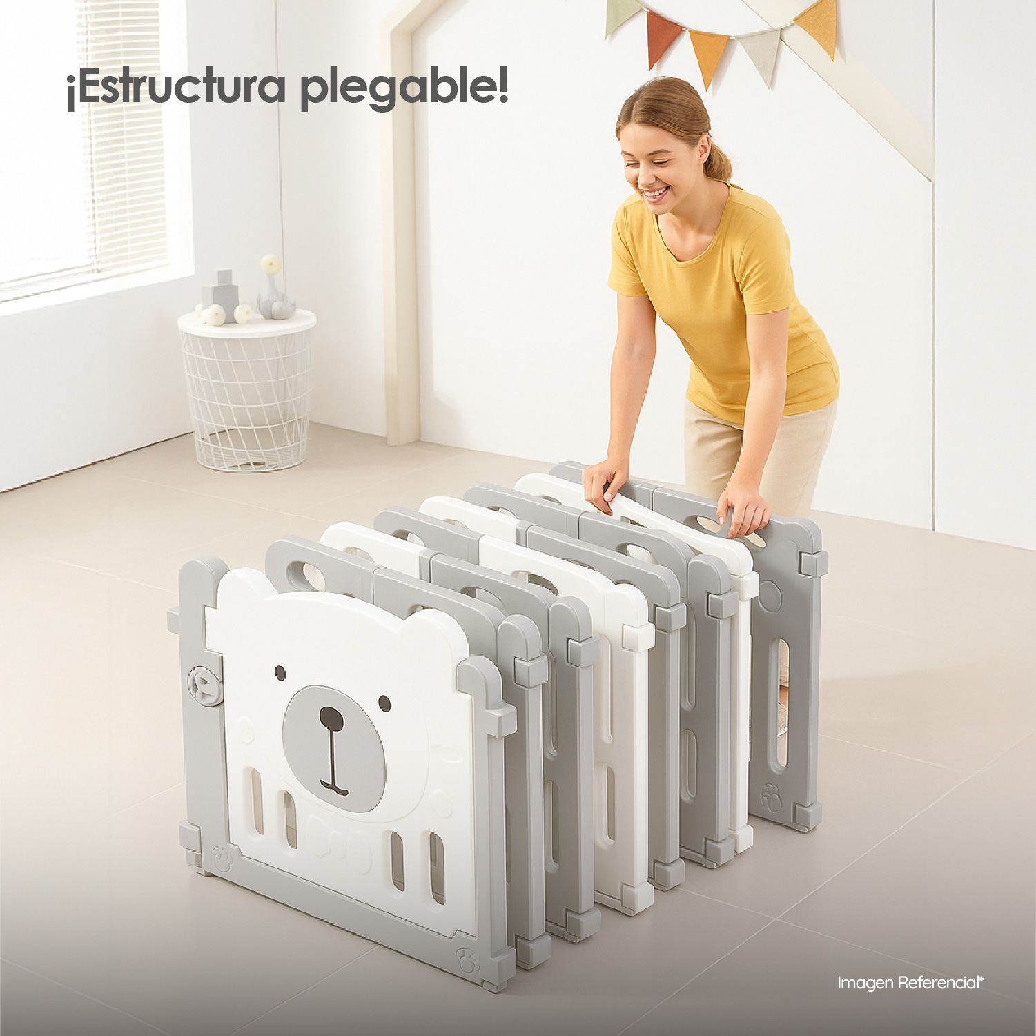 CORRAL PARA BEBÉ PLEGABLE DISEÑO DE OSITO PORTÁTIL CON PANELES DE SEGURIDAD - 10