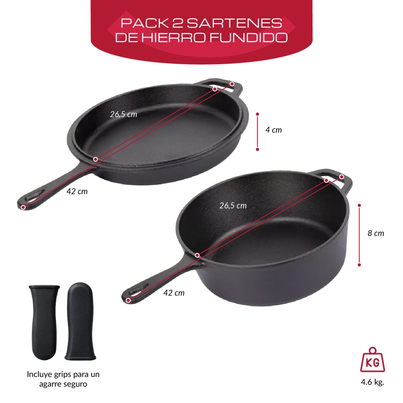 PACK DE 2 SARTENES ANTIADHERENTE HIERRO FUNDIDO CURADO ESMALTADO DE ALTA CALIDAD COLOR NEGRO - 2