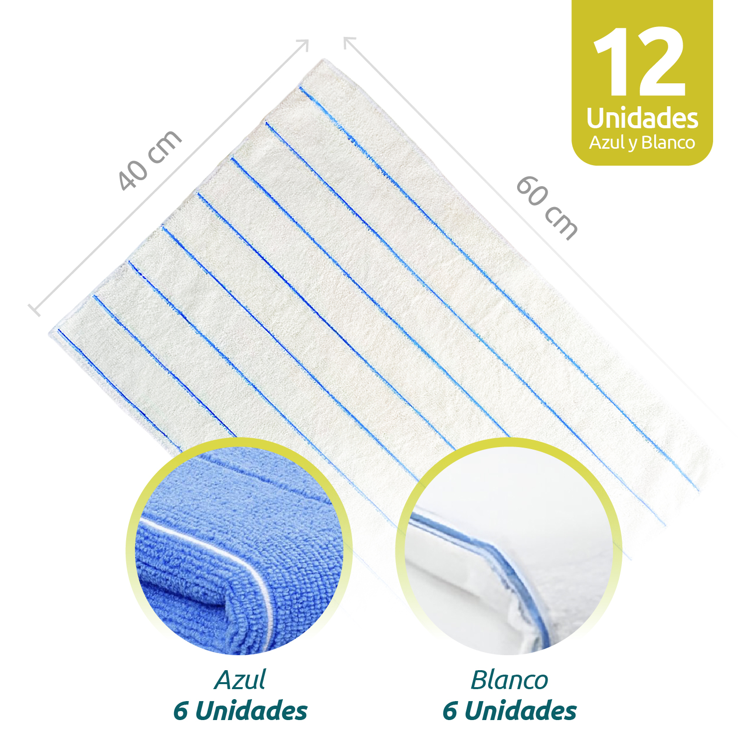 PACK DE 12 PAÑOS DE COCINA GRANDES 60X40 CM MICROFIBRA ULTRA ABSORBENTE COLOR AZUL Y BLANCO - 2