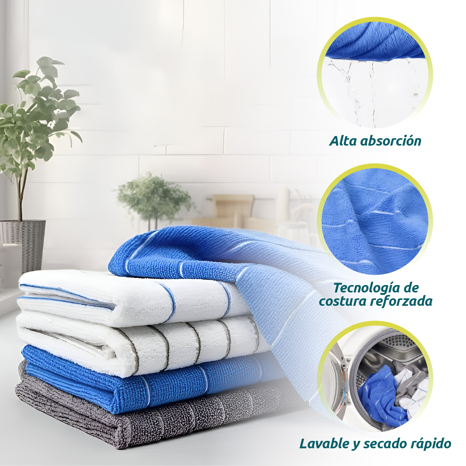 PACK DE 12 PAÑOS DE COCINA GRANDES 60X40 CM MICROFIBRA ULTRA ABSORBENTE COLOR AZUL Y BLANCO - 3