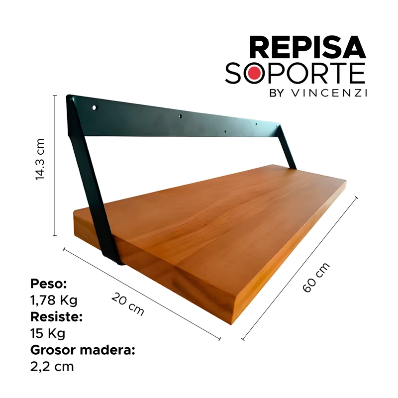 Pack 2 Repisas Madera y hierro de alta calidad 60x20cm de Pared - Vincenzi - 3