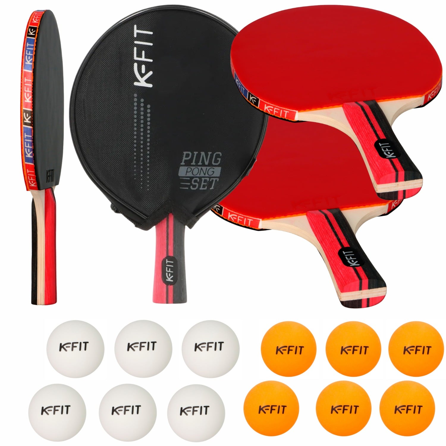 PACK DE 4 PALETAS PING PONG + 12 PELOTAS NARANJAS Y BLANCOS K-FIT - 1