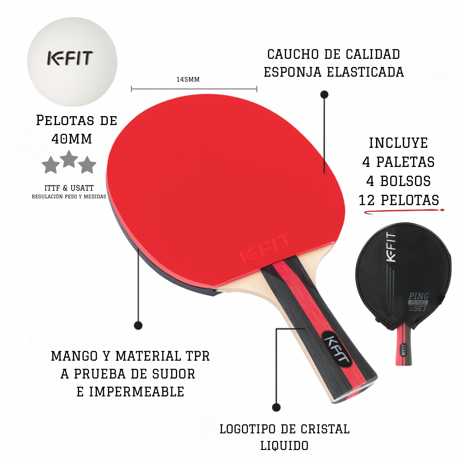 PACK DE 4 PALETAS PING PONG + 12 PELOTAS NARANJAS Y BLANCOS K-FIT - 8