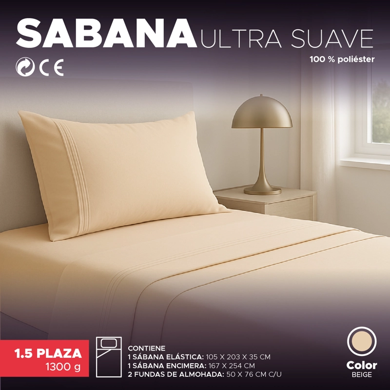 JUEGO DE SÁBANAS 1,5 PLAZAS BEIGE SUAVE CON FUNDAS Y AJUSTE ELÁSTICO VINCENZI - 3