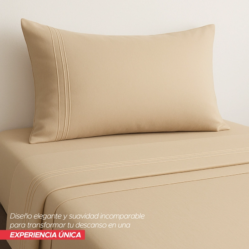 JUEGO DE SÁBANAS 1,5 PLAZAS BEIGE SUAVE CON FUNDAS Y AJUSTE ELÁSTICO VINCENZI - 7