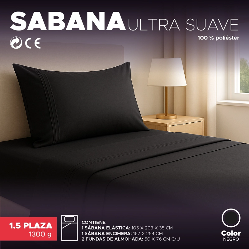 JUEGO DE SÁBANAS EN COLOR NEGRO 1800 HILOS ULTRA SUAVE 1,5 PLAZAS VINCENZI - 2