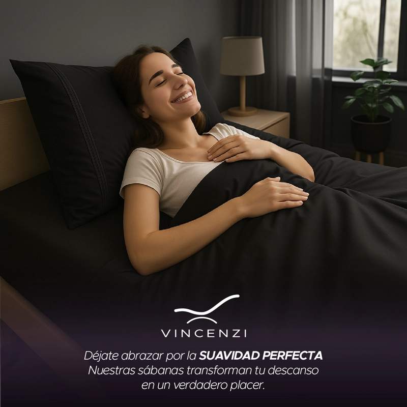 JUEGO DE SÁBANAS EN COLOR NEGRO 1800 HILOS ULTRA SUAVE 1,5 PLAZAS VINCENZI - 7