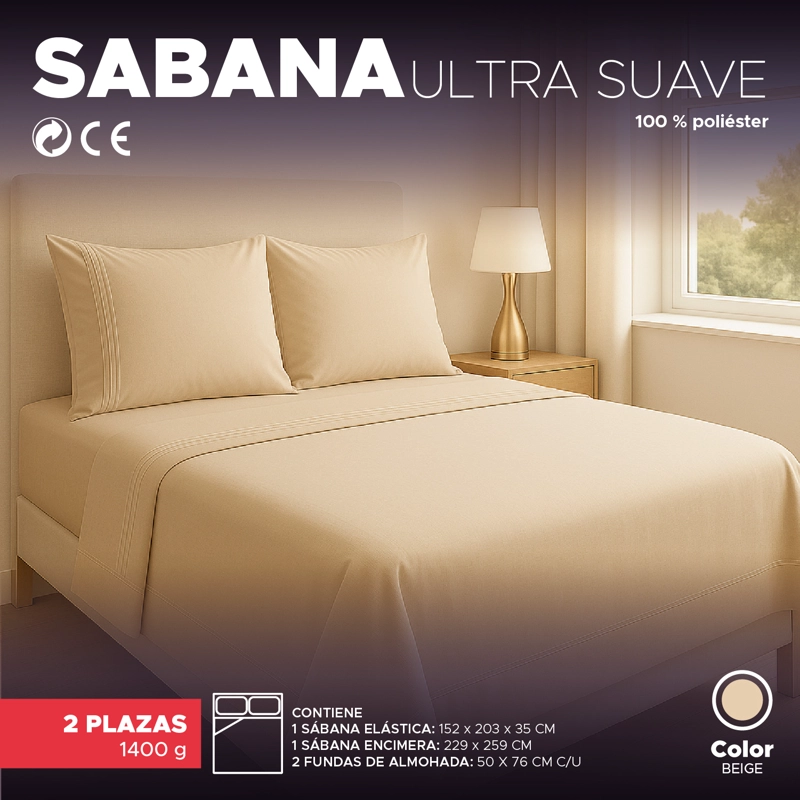 Juego Sábanas Vincenzi Beige 2 Plazas Ultra Suave Hipoalergénicas - 2