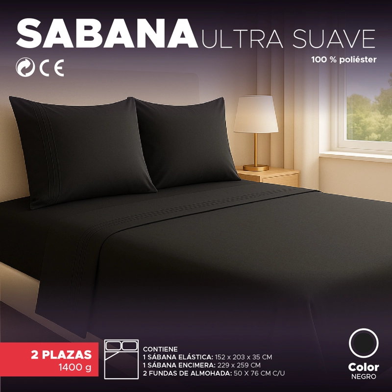 Juego de Sábanas 2 Plazas Negro Elegante con Ajuste y Fundas - 3