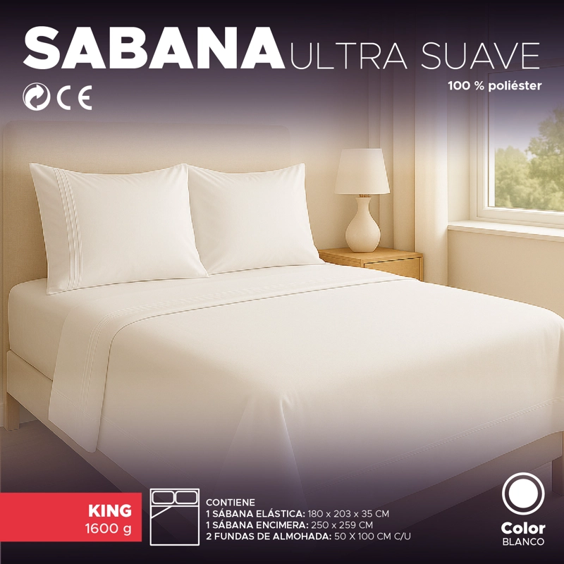 Juego Sábanas King Blanco Suave con Fundas y Ajuste Elástico Vincenzi - 3