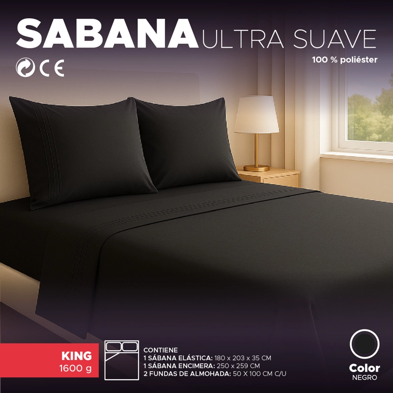 Juego Sábanas King Negro 100% poliéster Vincenzi - 8