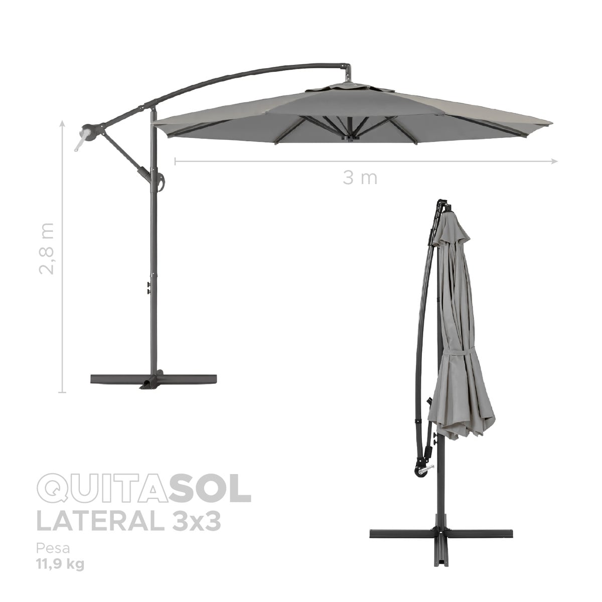 QUITASOL LATERAL 3X3MT SOMBRILLA TERRAZA SOL LLUVIA GRIS VINCENZI - 4