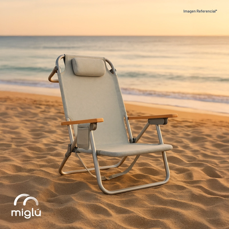 SILLA DE PLAYA ALUMINIO MADERA Y TELA RESISTENTE GRIS MIGLU - 10
