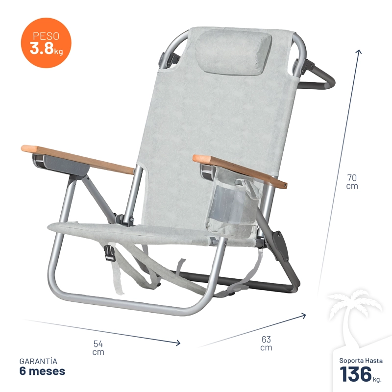SILLA DE PLAYA ALUMINIO MADERA Y TELA RESISTENTE GRIS MIGLU - 2