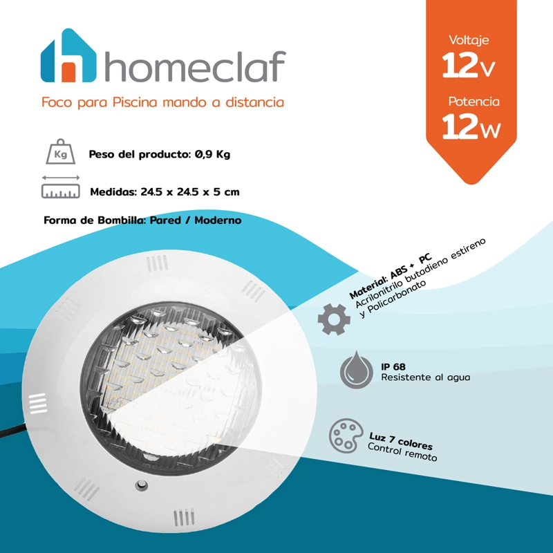 FOCO LED PISCINA 12W 7 COLORES CON CONTROL REMOTO HOMECLAF - 2