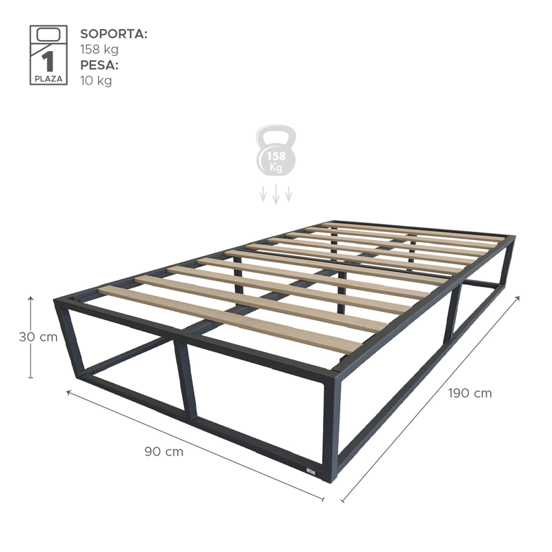 BASE PARA CAMA EUROPEA ACERO Y MADERA 90X190 1 PZA VINCENZI NEGRO - 2