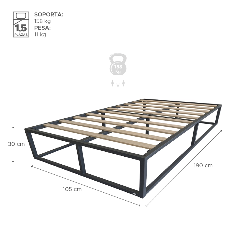 BASE PARA CAMA EUROPEA ACERO Y MADERA 105X190 1,5 P VINCENZI NEGRO - 2